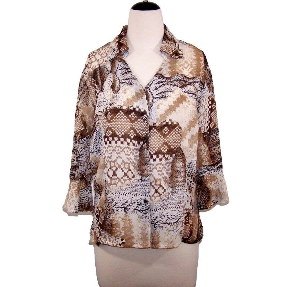 Kathy Che Shirt Top Blouse Womens 18 Sheer 3/4 Ruffled Slit Sleeve Button Up